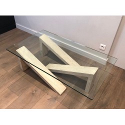 Table Basse Moderniste à Base en Marbre Géométrique Crème et Plateau de Verre, vers 1970