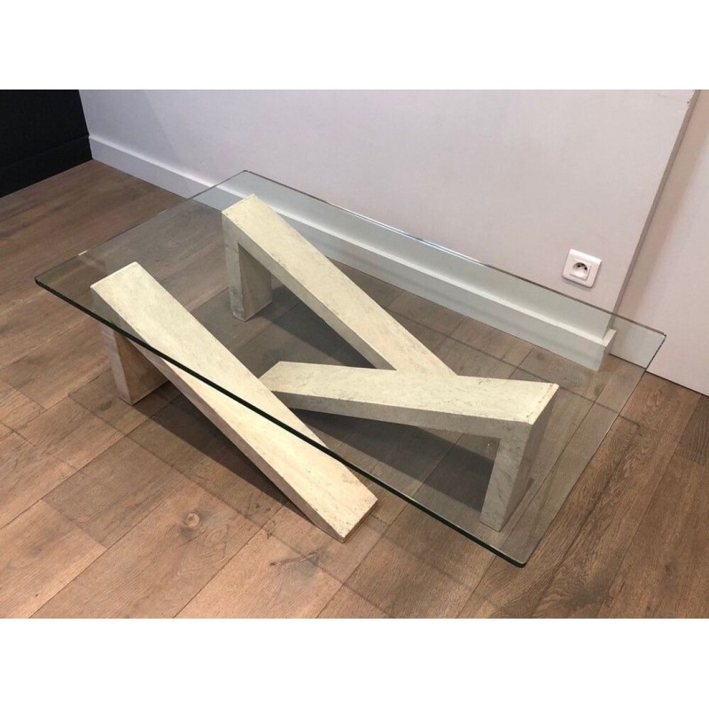 Table Basse Moderniste à Base en Marbre Géométrique Crème et Plateau de Verre, vers 1970