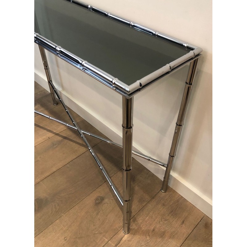 Chrome Faux-Bamboo Console Table with Smoked Glass Top & Matching Mirror, in the Style of Baguès, c.1970