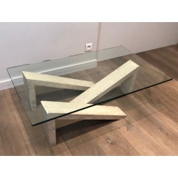 Table Basse Moderniste à Base en Marbre Géométrique Crème et Plateau de Verre, vers 1970