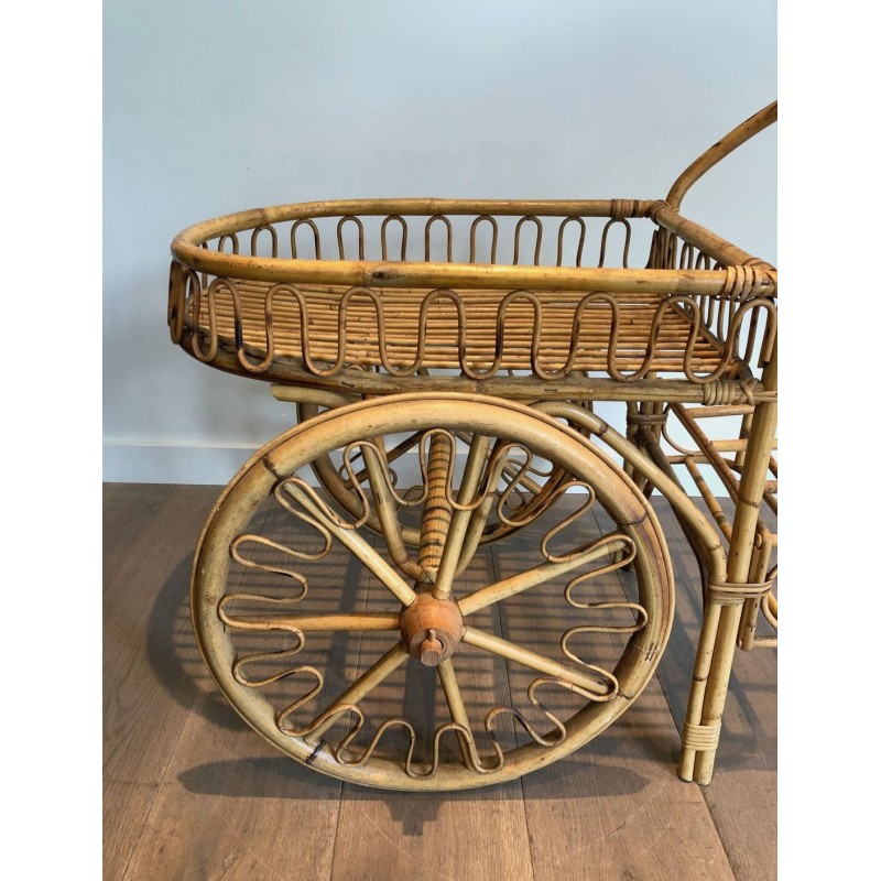 Rattan Drinks Trolley with Spoked Wheels and Woven Basket Tray, Attributed to Audoux-Minet, c.1960