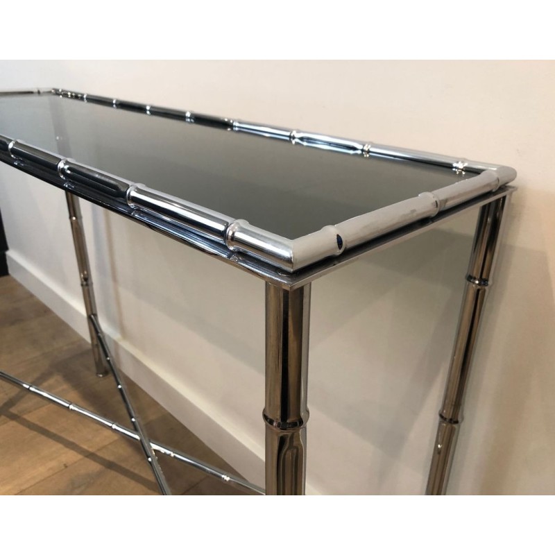 Console en Chrome Façon Faux-Bambou, Plateau en Verre Fumé et Miroir Assorti, dans le Goût de Baguès