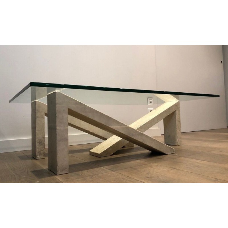 Table Basse Moderniste à Base en Marbre Géométrique Crème et Plateau de Verre, vers 1970