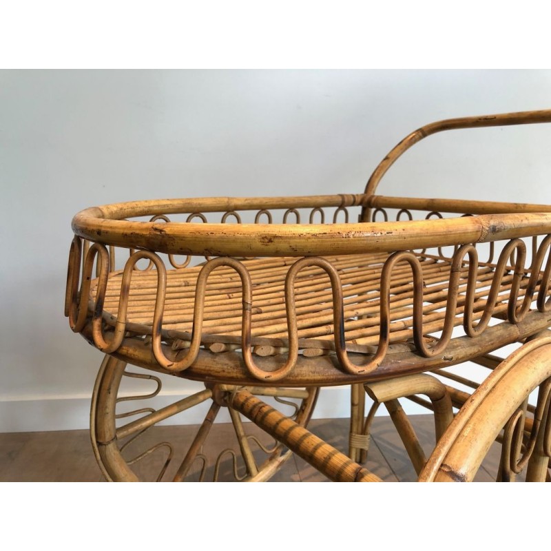 Rattan Drinks Trolley with Spoked Wheels and Woven Basket Tray, Attributed to Audoux-Minet, c.1960