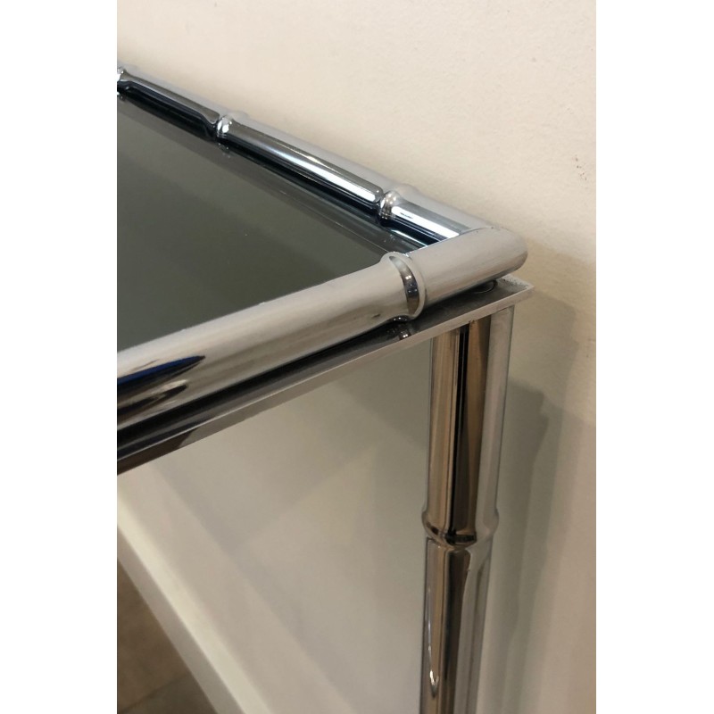 Console en Chrome Façon Faux-Bambou, Plateau en Verre Fumé et Miroir Assorti, dans le Goût de Baguès