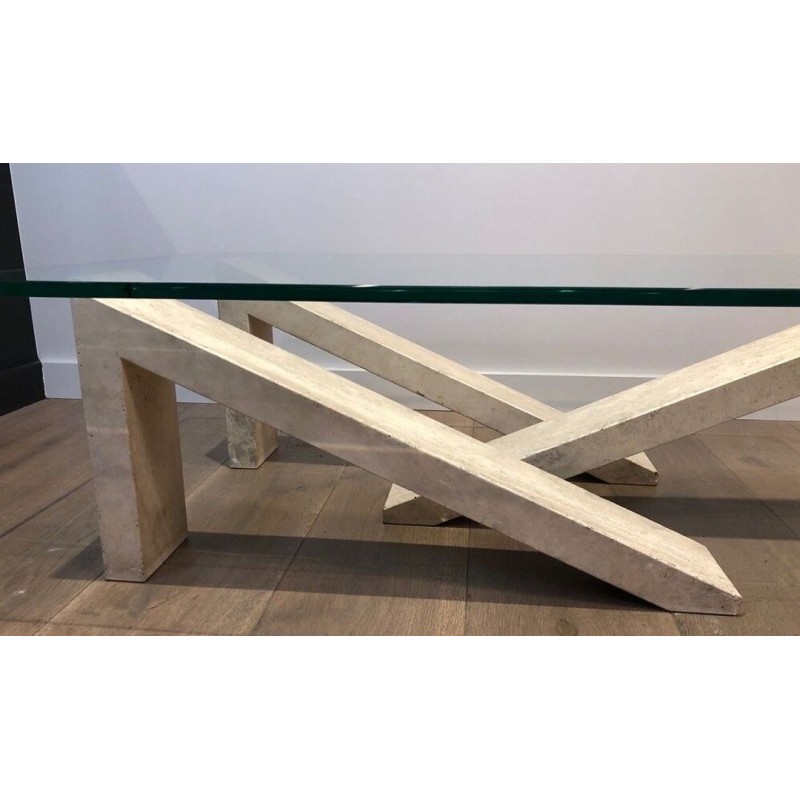 Table Basse Moderniste à Base en Marbre Géométrique Crème et Plateau de Verre, vers 1970