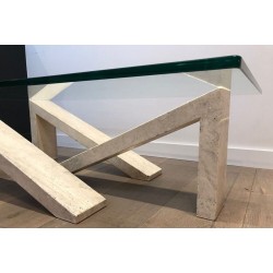 Table Basse Moderniste à Base en Marbre Géométrique Crème et Plateau de Verre, vers 1970