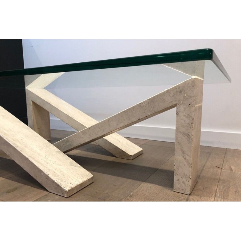 Table Basse Moderniste à Base en Marbre Géométrique Crème et Plateau de Verre, vers 1970