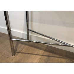Console en Chrome Façon Faux-Bambou, Plateau en Verre Fumé et Miroir Assorti, dans le Goût de Baguès