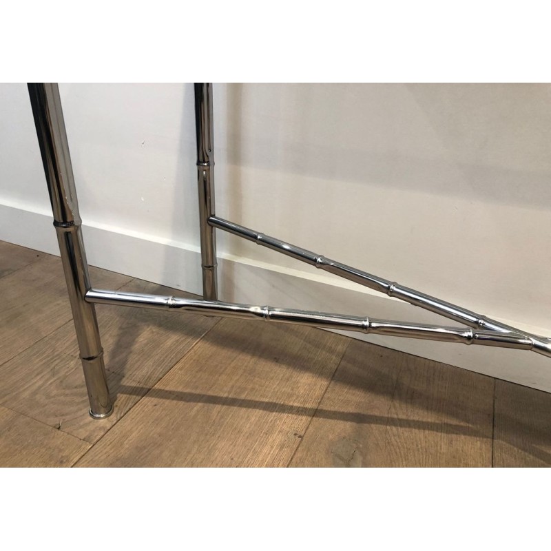 Console en Chrome Façon Faux-Bambou, Plateau en Verre Fumé et Miroir Assorti, dans le Goût de Baguès