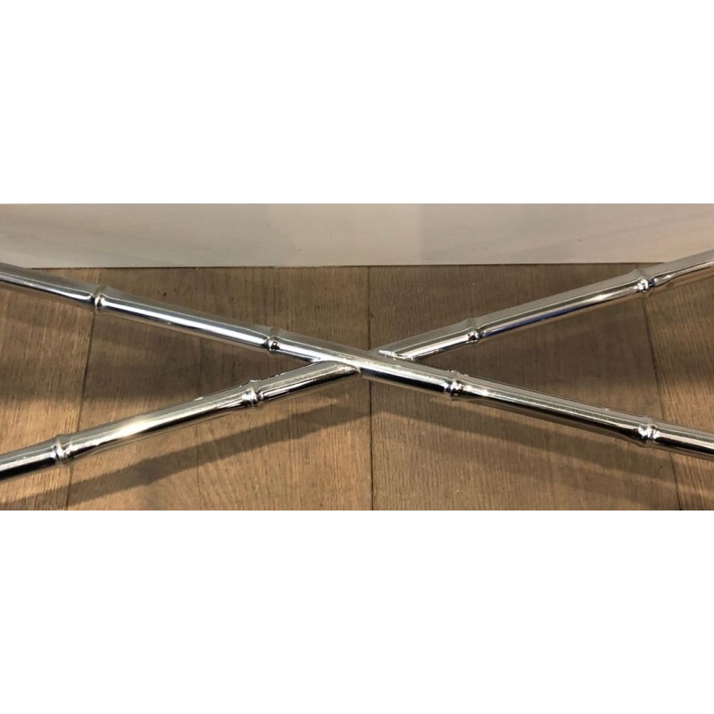 Chrome Faux-Bamboo Console Table with Smoked Glass Top & Matching Mirror, in the Style of Baguès, c.1970