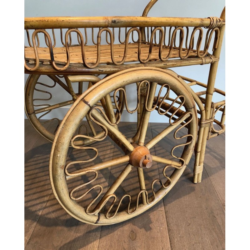 Rattan Drinks Trolley with Spoked Wheels and Woven Basket Tray, Attributed to Audoux-Minet, c.1960