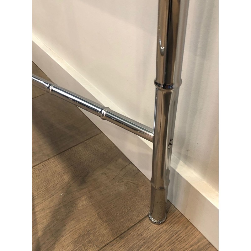 Console en Chrome Façon Faux-Bambou, Plateau en Verre Fumé et Miroir Assorti, dans le Goût de Baguès