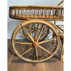 Rattan Drinks Trolley with Spoked Wheels and Woven Basket Tray, Attributed to Audoux-Minet, c.1960