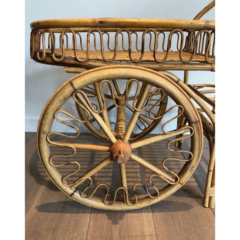 Rattan Drinks Trolley with Spoked Wheels and Woven Basket Tray, Attributed to Audoux-Minet, c.1960