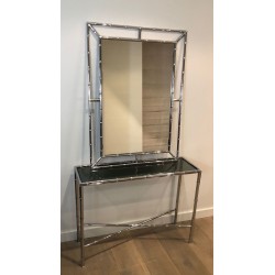 Console en Chrome Façon Faux-Bambou, Plateau en Verre Fumé et Miroir Assorti, dans le Goût de Baguès