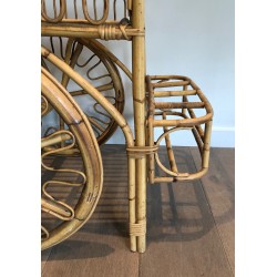 Rattan Drinks Trolley with Spoked Wheels and Woven Basket Tray, Attributed to Audoux-Minet, c.1960