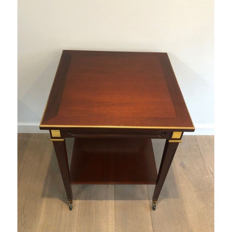 Two-Tier Square Mahogany & Brass Centre Table, Signed Hugnet, France circa 1940