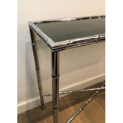 Console en Chrome Façon Faux-Bambou, Plateau en Verre Fumé et Miroir Assorti, dans le Goût de Baguès