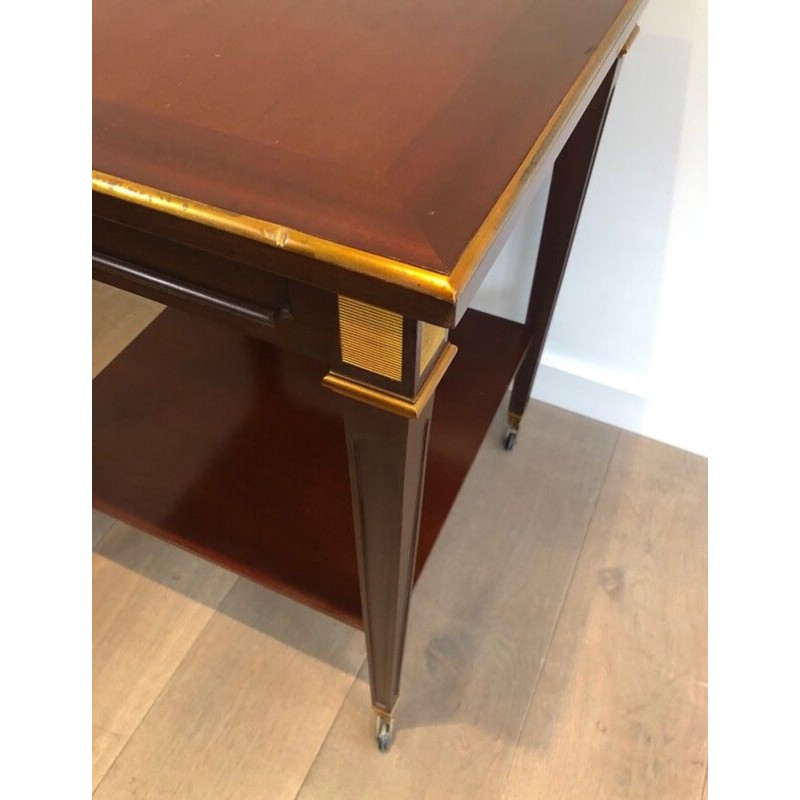 Two-Tier Square Mahogany & Brass Centre Table, Signed Hugnet, France circa 1940