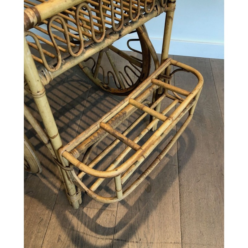 Rattan Drinks Trolley with Spoked Wheels and Woven Basket Tray, Attributed to Audoux-Minet, c.1960