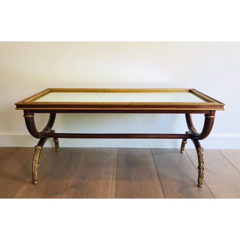 Table Basse en Bois Sculpté et Doré à Plateau Miroir, Signée M. Hirch, France vers 1940