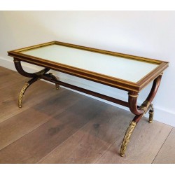 Table Basse en Bois Sculpté et Doré à Plateau Miroir, Signée M. Hirch, France vers 1940
