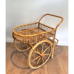 Rattan Drinks Trolley with Spoked Wheels and Woven Basket Tray, Attributed to Audoux-Minet, c.1960
