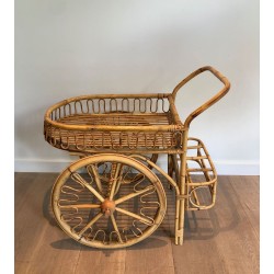 Rattan Drinks Trolley with Spoked Wheels and Woven Basket Tray, Attributed to Audoux-Minet, c.1960