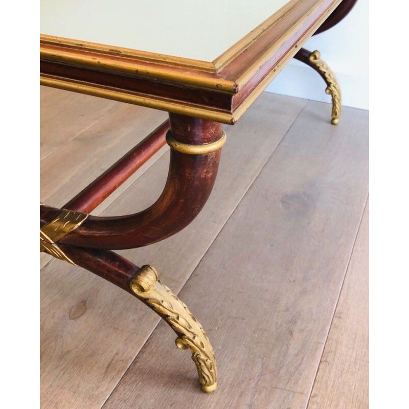 Table Basse en Bois Sculpté et Doré à Plateau Miroir, Signée M. Hirch, France vers 1940