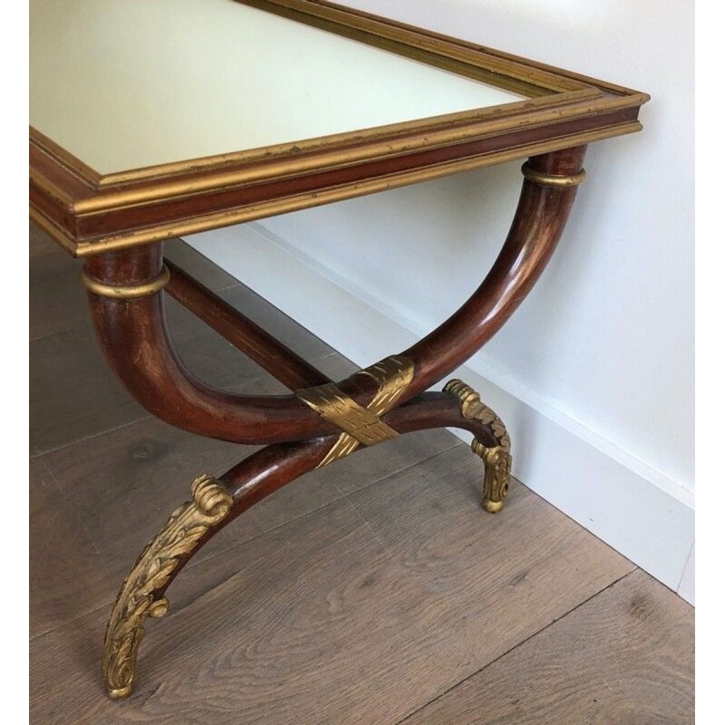 Table Basse en Bois Sculpté et Doré à Plateau Miroir, Signée M. Hirch, France vers 1940