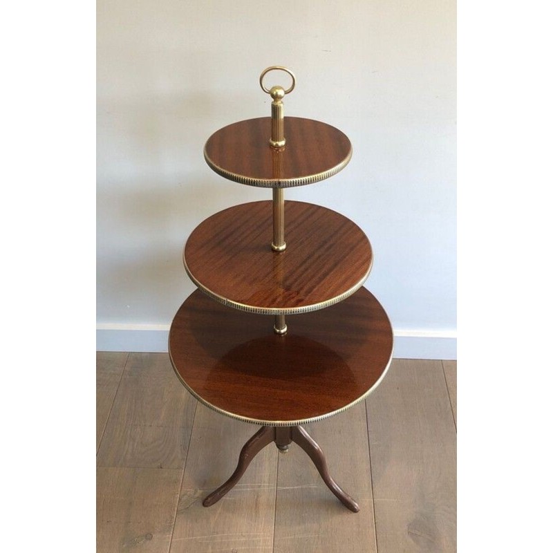 Neoclassical Three-Tier Mahogany & Brass Circular Dumbwaiter Stand, France circa 1940