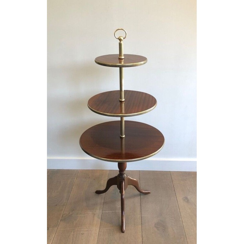 Neoclassical Three-Tier Mahogany & Brass Circular Dumbwaiter Stand, France circa 1940