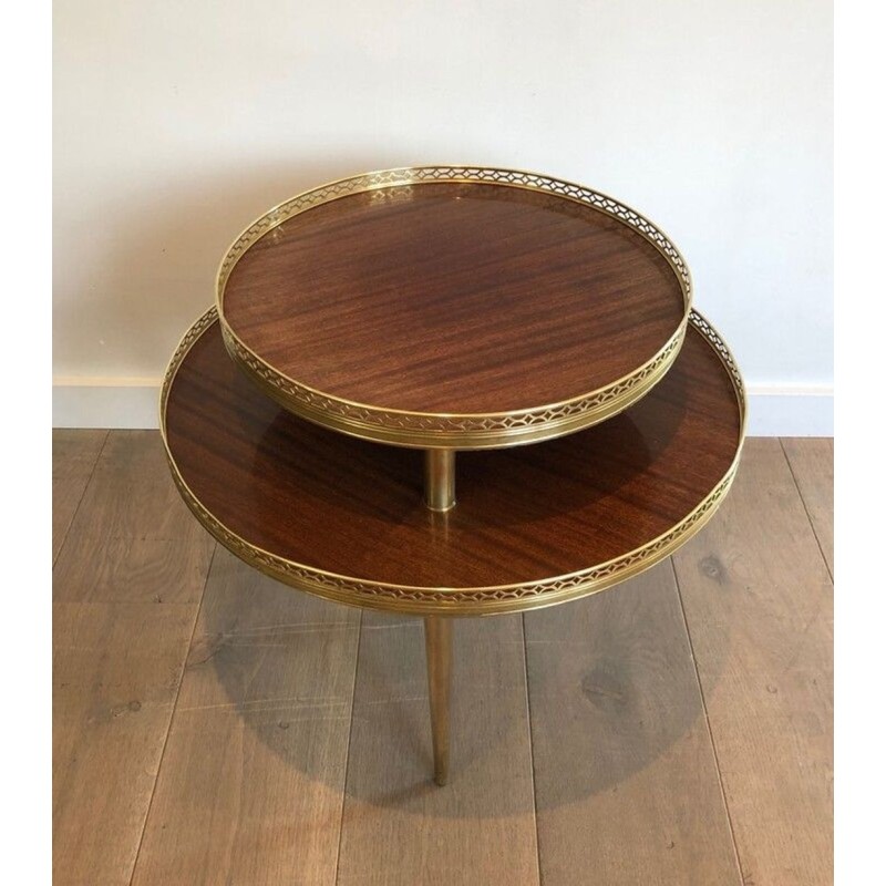 Neoclassical Two-Tier Mahogany Guéridon with Pierced Brass Gallery, France circa 1940
