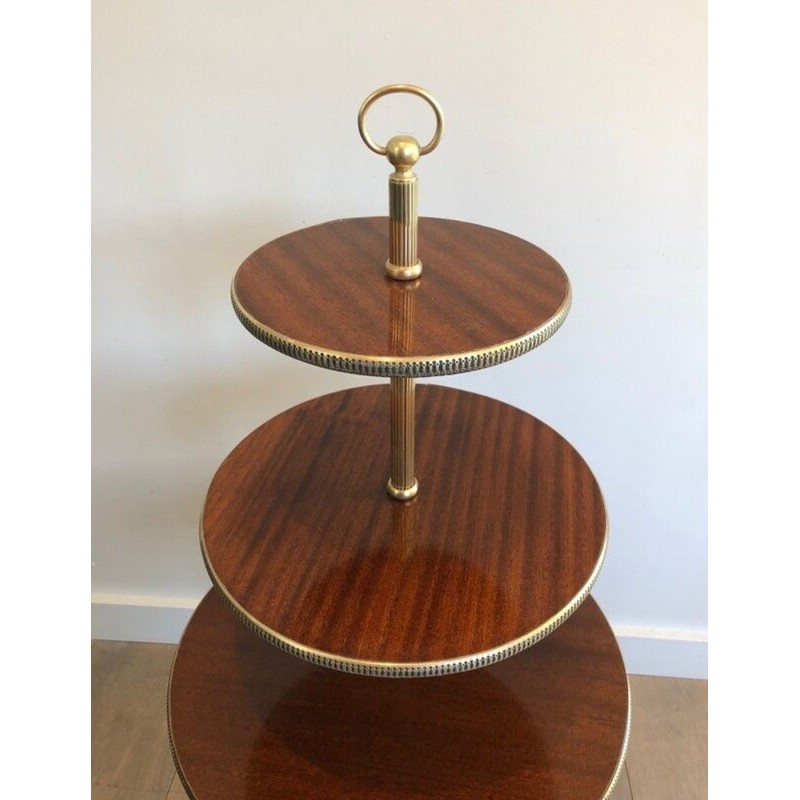 Neoclassical Three-Tier Mahogany & Brass Circular Dumbwaiter Stand, France circa 1940