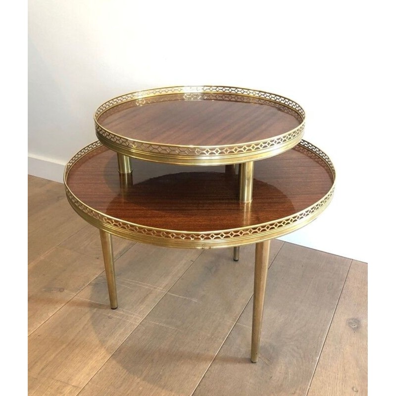 Neoclassical Two-Tier Mahogany Guéridon with Pierced Brass Gallery, France circa 1940