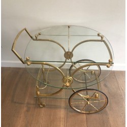 Rare Table Roulante Néoclassique en Laiton à Panneaux de Verre Amovibles, Maison Baguès, vers 1940