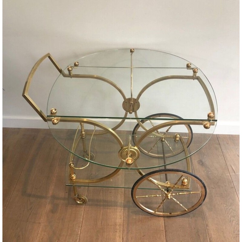 Rare Table Roulante Néoclassique en Laiton à Panneaux de Verre Amovibles, Maison Baguès, vers 1940