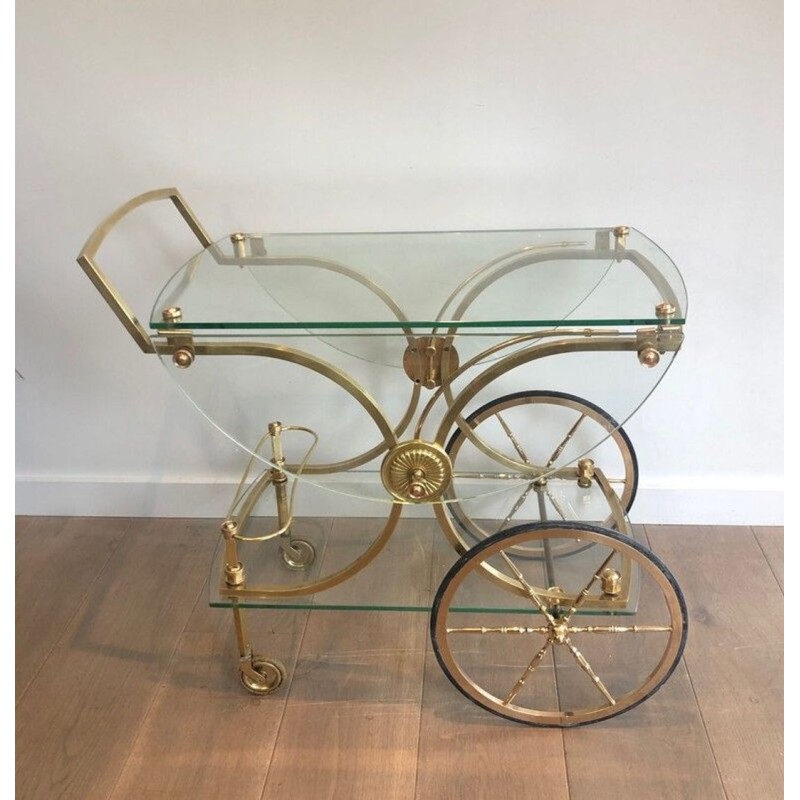 Rare Table Roulante Néoclassique en Laiton à Panneaux de Verre Amovibles, Maison Baguès, vers 1940