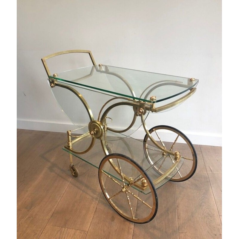 Rare Neoclassical Brass Drinks Trolley with Removable Glass Sides, Maison Baguès, France c.1940