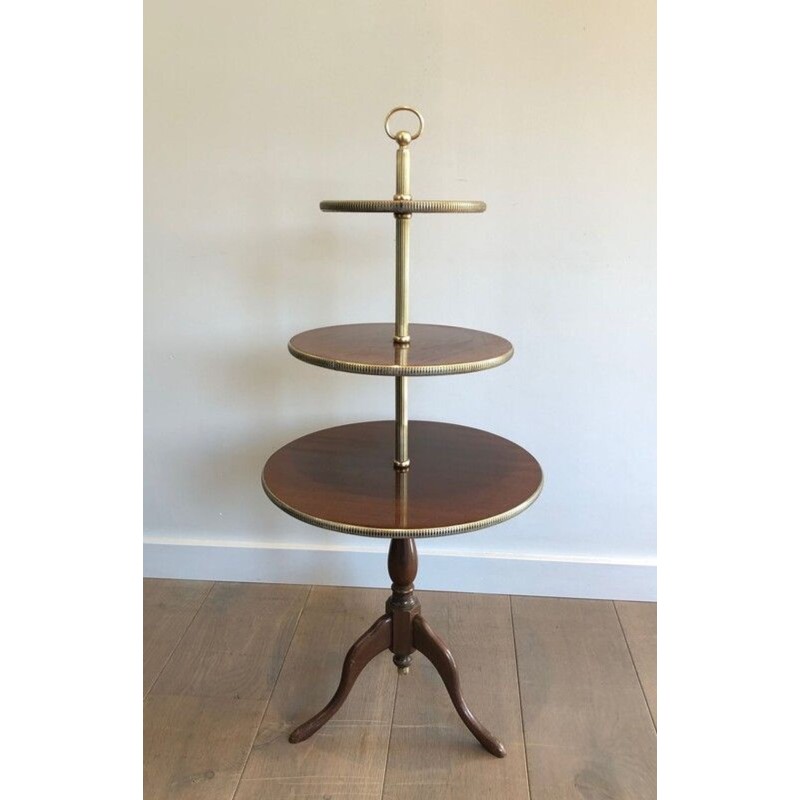 Neoclassical Three-Tier Mahogany & Brass Circular Dumbwaiter Stand, France circa 1940