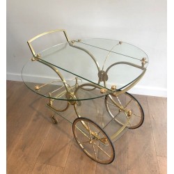 Rare Table Roulante Néoclassique en Laiton à Panneaux de Verre Amovibles, Maison Baguès, vers 1940