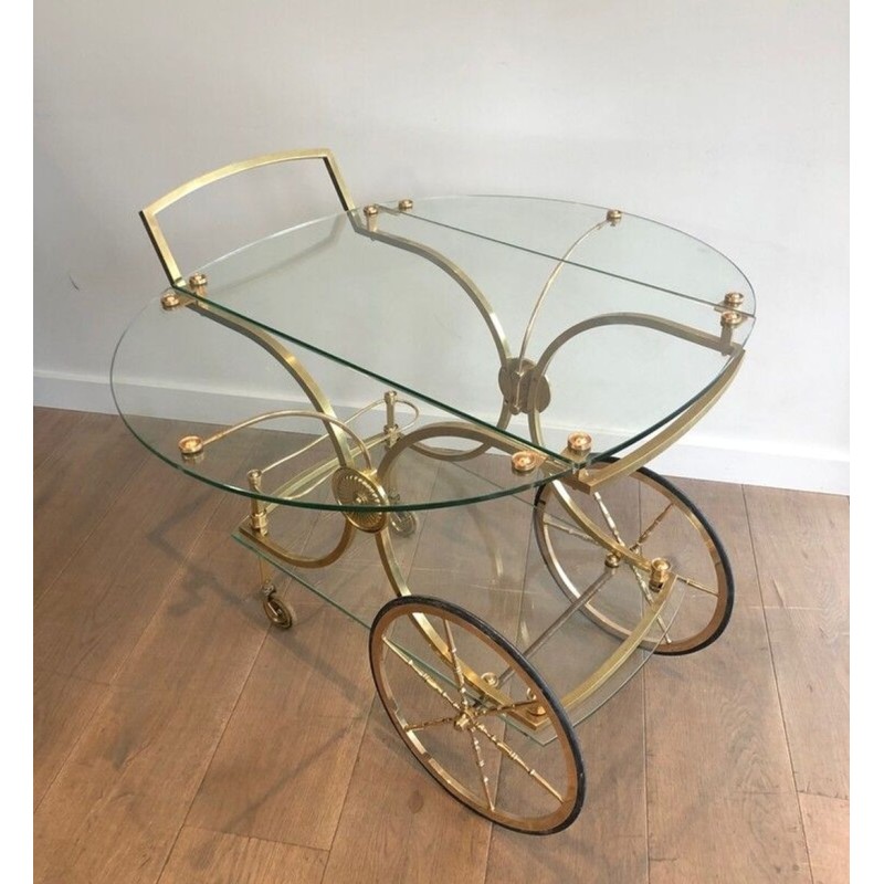 Rare Table Roulante Néoclassique en Laiton à Panneaux de Verre Amovibles, Maison Baguès, vers 1940