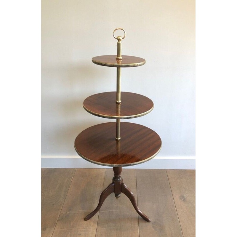 Neoclassical Three-Tier Mahogany & Brass Circular Dumbwaiter Stand, France circa 1940