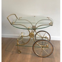 Rare Table Roulante Néoclassique en Laiton à Panneaux de Verre Amovibles, Maison Baguès, vers 1940