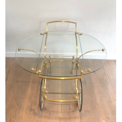 Rare Table Roulante Néoclassique en Laiton à Panneaux de Verre Amovibles, Maison Baguès, vers 1940