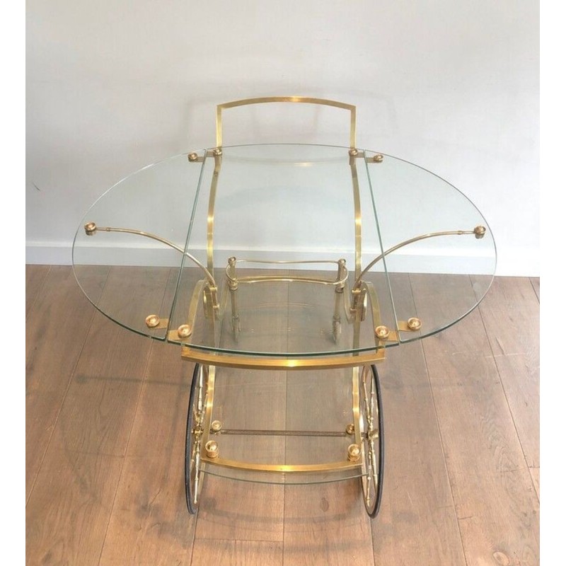 Rare Table Roulante Néoclassique en Laiton à Panneaux de Verre Amovibles, Maison Baguès, vers 1940