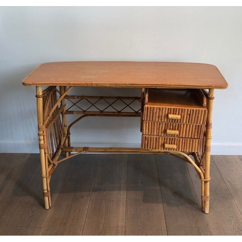 Bureau en Rotin à Tiroirs, Attribué à Audoux-Minet, France vers 1960