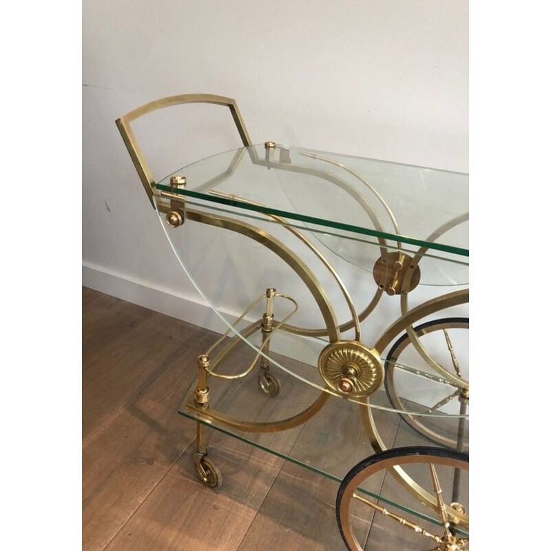 Rare Table Roulante Néoclassique en Laiton à Panneaux de Verre Amovibles, Maison Baguès, vers 1940