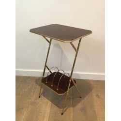 Mahogany & Faux-Bamboo Gilt Metal Side Table with Lower Magazine Rack, France circa 1970